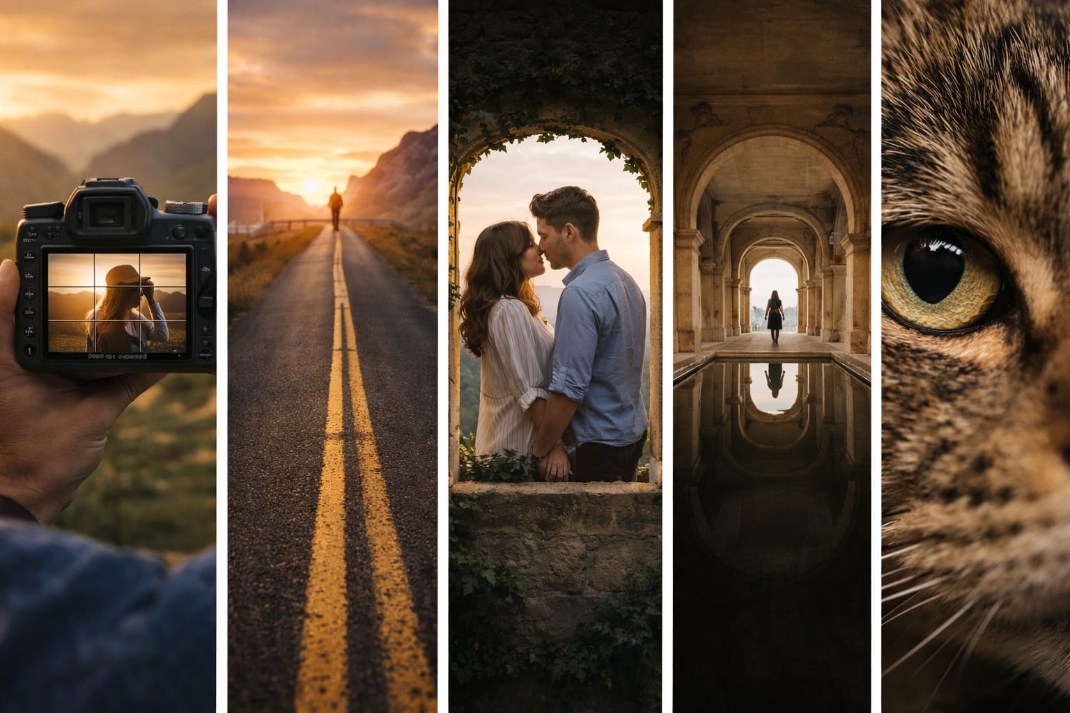 Collage de fotografías con una pareja, una carretera al atardecer y el ojo de un felino