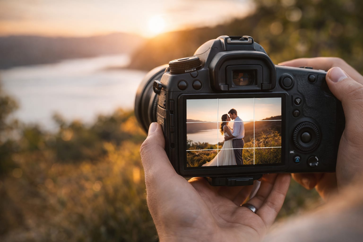 Mano sujetando una cámara réflex cuya pantalla muestra una pareja al atardecer