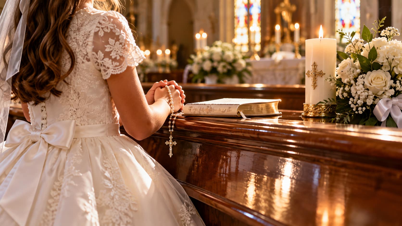 Niña con vestido de comunión de encaje rezando en un banco de iglesia junto a una vela, un misal y flores blancas
