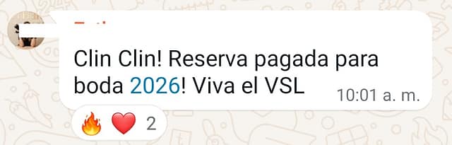 Mensaje de WhatsApp en el que una fotógrafa celebra una reserva de boda pagada para 2026 gracias al VSL