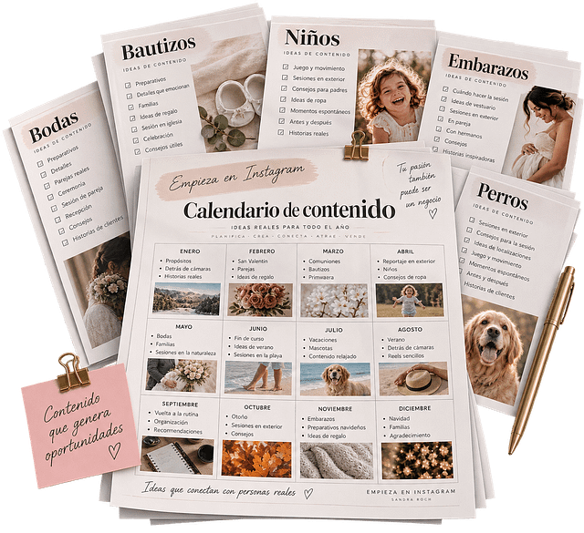 Hojas de un calendario de contenidos para redes sociales con las publicaciones planificadas de un negocio de fotografía