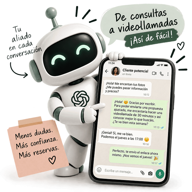 Robot ilustrado junto a un móvil con una conversación de WhatsApp, imagen de Agenda Fácil, guiones de venta para fotógrafos