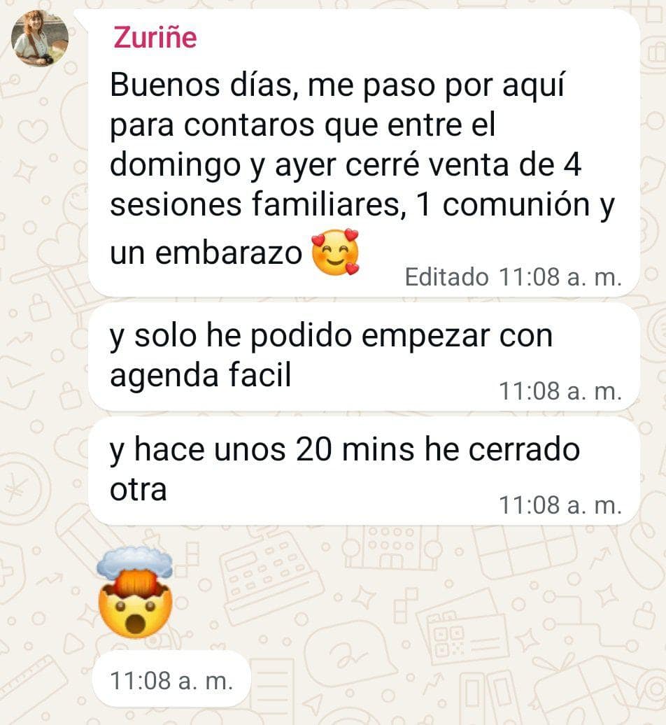 Mensaje de WhatsApp con la opinión de una fotógrafa sobre Agenda Fácil, el sistema de guiones para vender sesiones