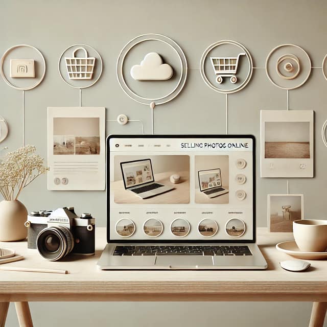 Laptop con web de venta de fotografía online y cámara réflex sobre escritorio de fotógrafa en España
